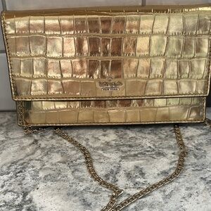 Kate Spade Metallic Gold Croc-Embossed Clutch or Crossbody Purse.